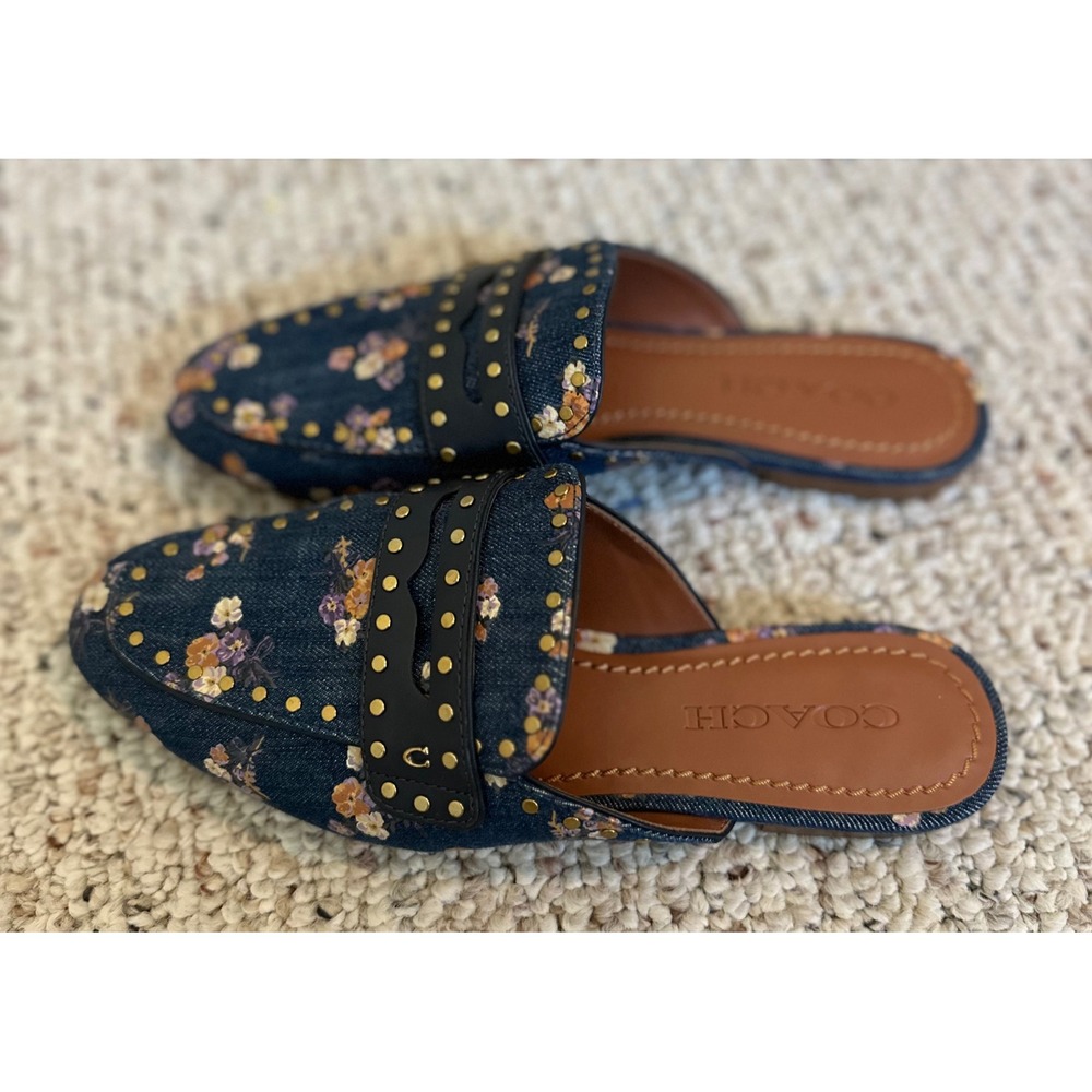 Coach Faye Floral Denim Studded Mule Loafers Scalloped Penny Strap Size 7